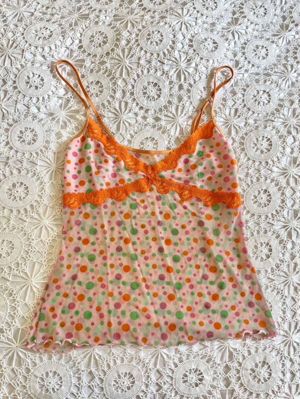 Y2K pink and orange polkadot Cami mesh tank top with lace trim